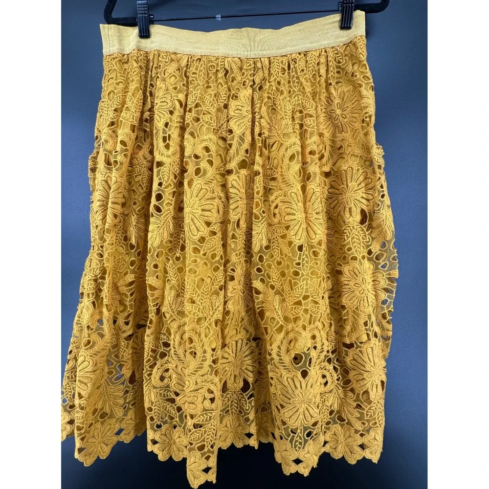 Ann Taylor Mustard Yellow Floral Eyelet Lace Midi Skirt Size 12 A-Line